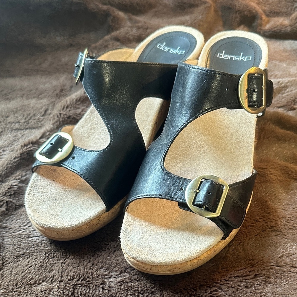 Dansko Carla Wedge Black Leather Buckle Sandals